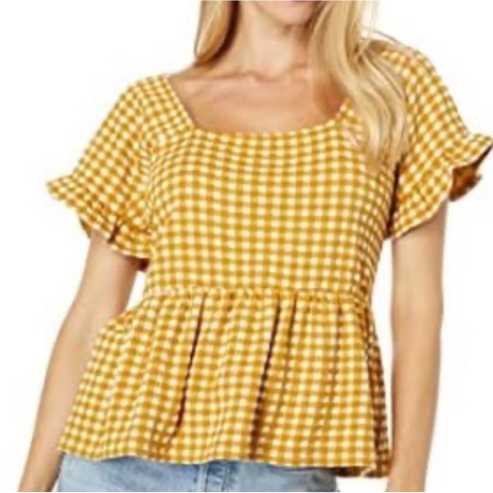 Madewell Mustard Yellow Gingham Ruffle Sleeve Top Size L/XL